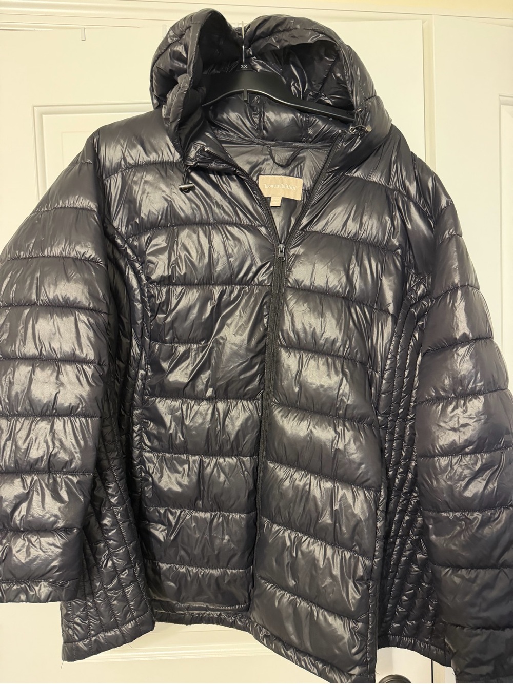 Woman Within Shiny Black Hooded Puffer Jacket